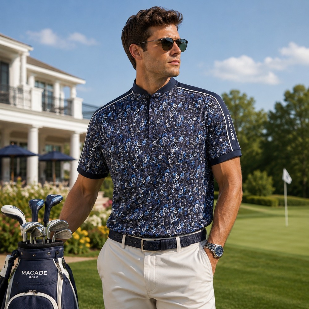 Macade Golf Mens Bomber Polo Shirt Sz L Blue Floral Athletic Performance